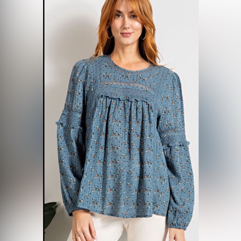 easel Blue Floral Crochet Yoke Long Sleeve Blouse